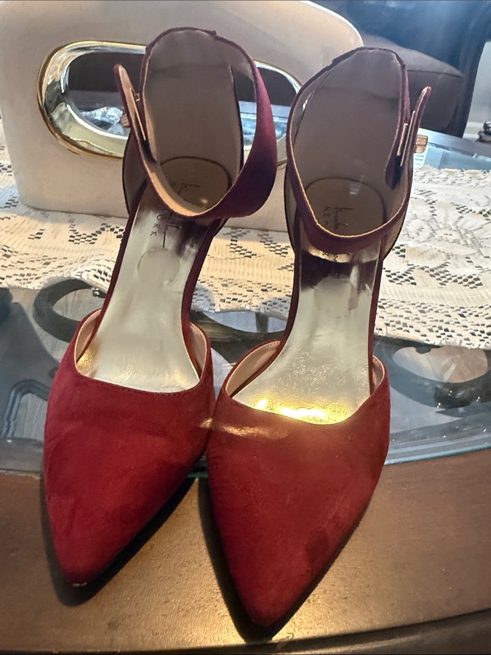 Nicole Miller Burgundy Pointed Ankle-Strap Heels